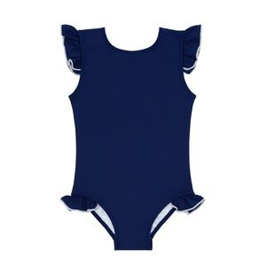 NWT Minnow girls navy w/ white trim ruffle sleeve rashguard one piece, size 9/10